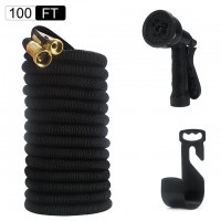 Garden Hose Expandable & Retractable with Brass Connectors and 8-way Spray Nozzle Black-100ft